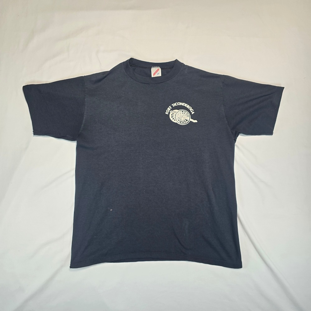 Vintage Jerzees Fort Ticonderoga T-Shirt Navy Blue Made in USA Large Cannon Logo